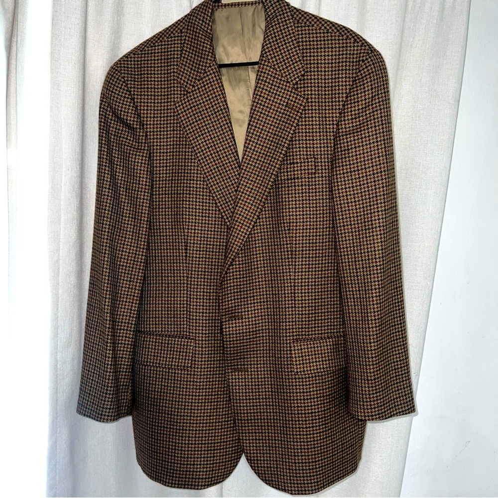 Chaps Ralph Lauren Blazer Men 44T Brown Houndstooth Pure Virgin Wool Sportscoat